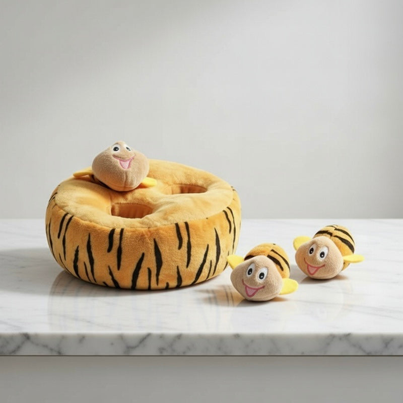 Interactive Hide and Seek Toy: Tiger Bee Plush Puzzle with 3 Squeaky Bees