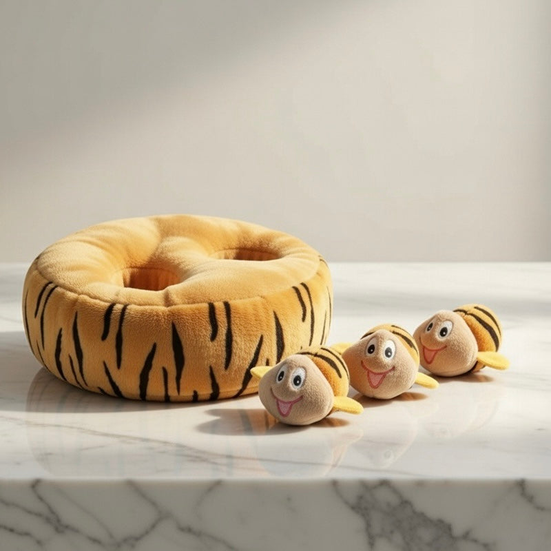 Interactive Hide and Seek Toy: Tiger Bee Plush Puzzle with 3 Squeaky Bees