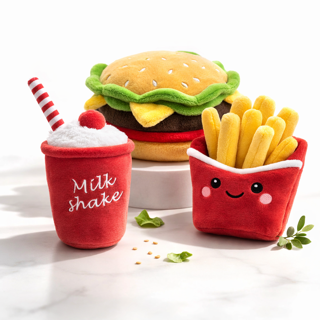Plush toys resembling a milkshake, burger, and fries on a white background