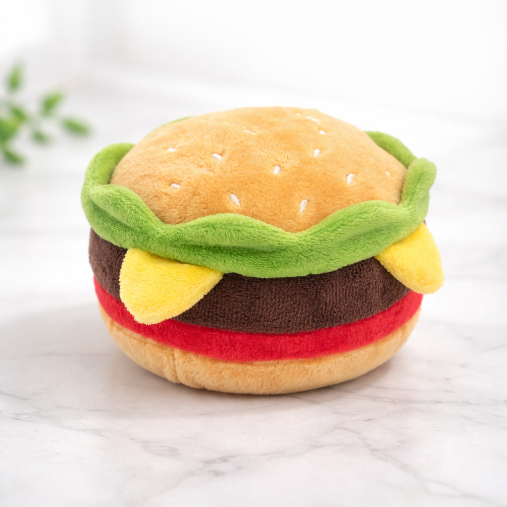 Red plush toy resembling a hamburger