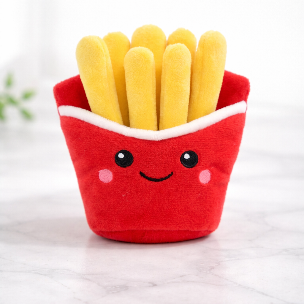 Plush toy resembling a container of French fries with a smiley face on a light background