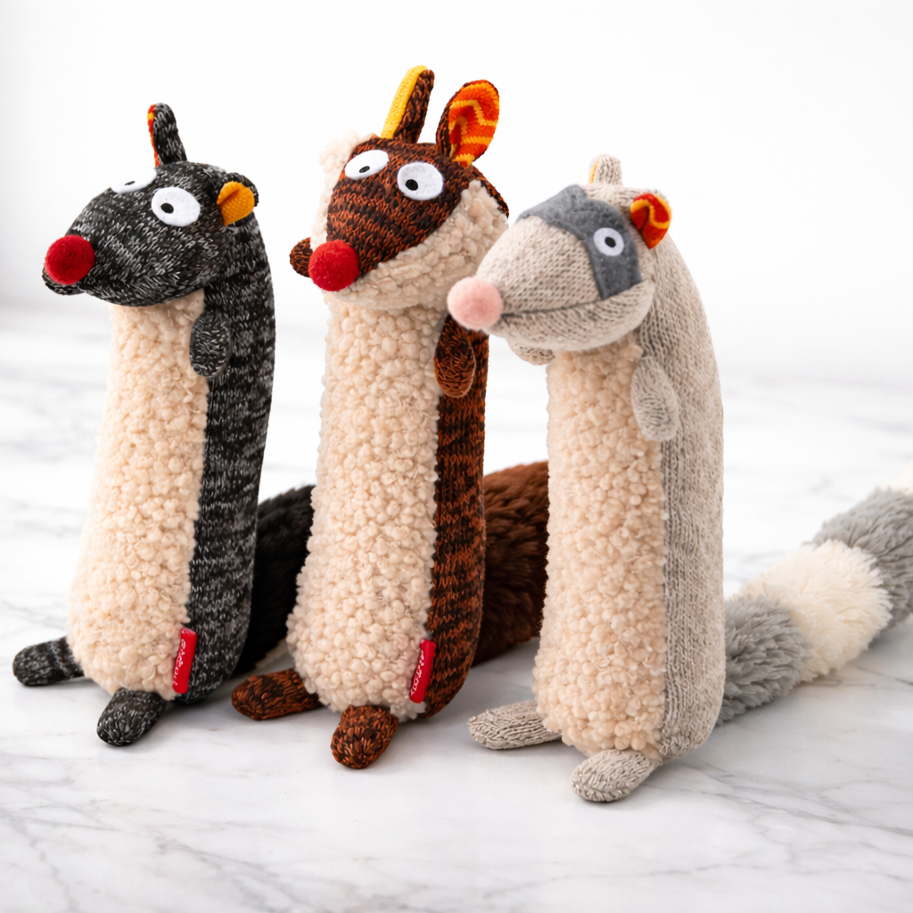 Three plush toy raccoons on a marble surface with a light background